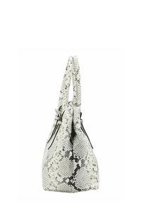 Sac à main en cuir synthétique à motif serpentin blanc et gris, avec deux poignées, une forme structurée et deux poches zippées sur les côtés. Extérieur en cuir texturé.