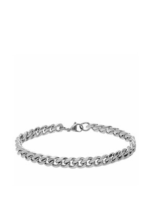 Silbernes Kettenarmband mit dicken, flachen, ineinandergreifenden Gliedern und Karabinerverschluss, auf weißem Hintergrund präsentiert.
