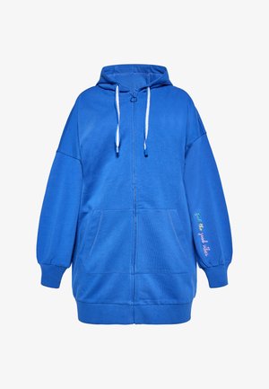 Sininen vetoketjuhuppari, joka on valmistettu tekstuurikankaasta. Siinä on kiristettävä huppu, etutaskut ja "tunne hyvät vibat" brodeerattuna hihan kohdalla.