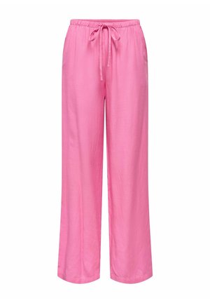 Lyserøde bukser med vide ben lavet af et let, tekstureret stof. Har elastisk talje med snøre og en afslappet pasform.