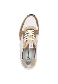 Weiß-beige Schnürsneaker mit Wildlederakzenten und Reißverschlussdetail an der Seite, von oben betrachtet, wobei die markierte Innensohle zu sehen ist.