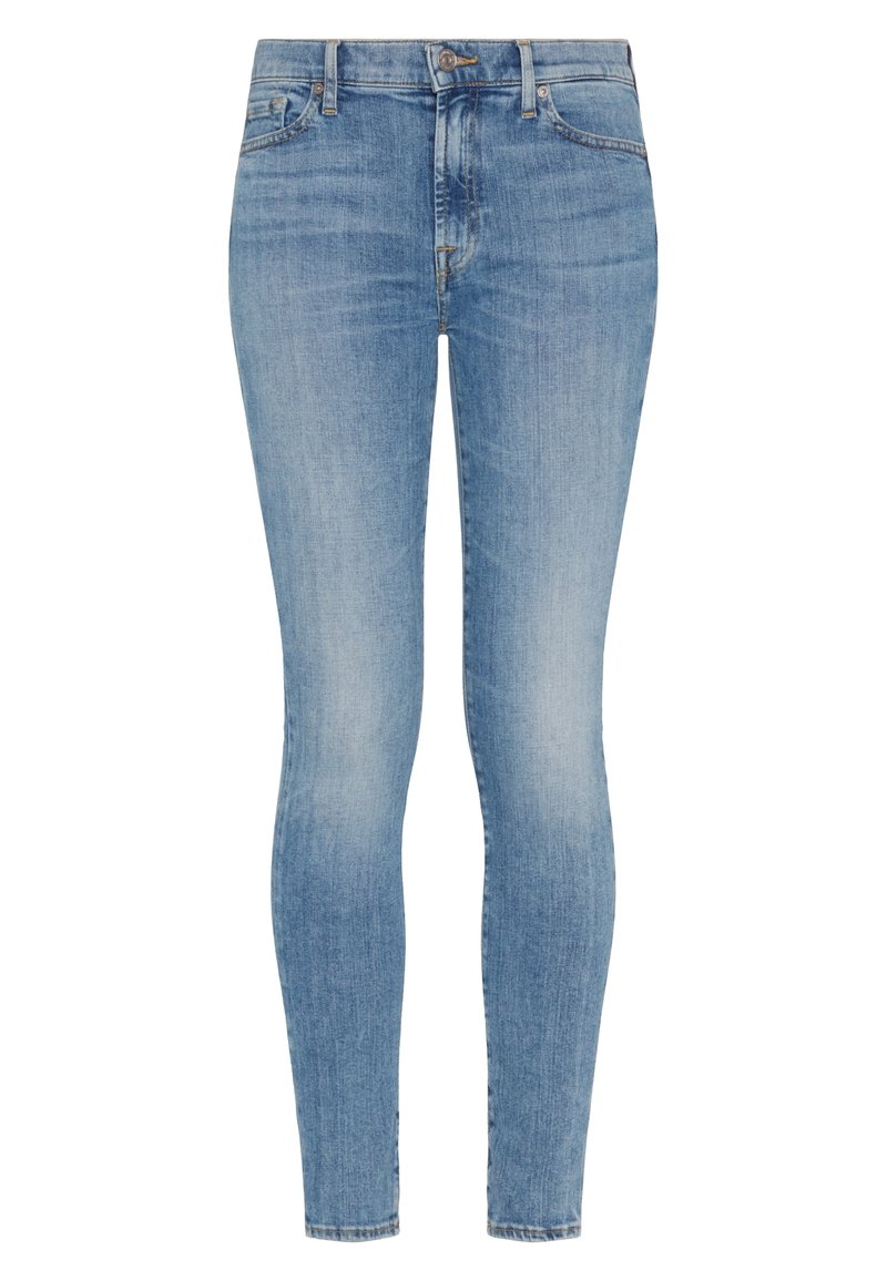Hellblaue Skinny Jeans aus Denim mit einem klassischen Fünf-Taschen-Design. Sie weisen eine dezente Ausbleichung sowie einen vorderen Knopf- und Reißverschluss auf.