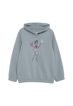 Hellgraues Hoodie aus weichem Material, mit einem grafischen Druck einer Fee mit einer Eule und funkelnden Effekten. Enthält eine gemütliche Kapuze und elastische Bündchen.
