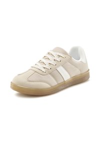 Beige sneaker with a smooth upper, white accent stripes, and textured rubber sole. Features round laces and padded collar for comfort.
