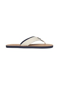 Infradito beige chiaro con accenti blu navy, cinturini in tessuto e un fondo in sughero. Presenta una suola in gomma testurizzata per una presa e una durata superiori.