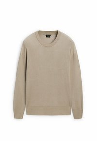 Beige gerippter Langarmpullover mit Rundhalsausschnitt, geradem Saum und umgeschlagenen Ärmeln, flach auf einem weißen Hintergrund präsentiert.