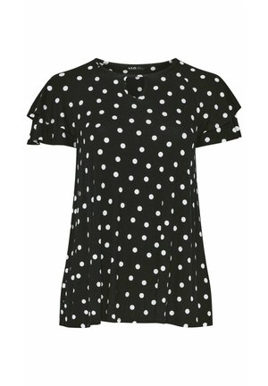 Blusa negra de manga corta con lunares blancos, escote en forma de ojo de cerradura y detalle de volantes en capas en las mangas.
