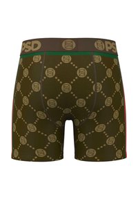Khaki zöld férfi boxer alsónadrág geometrikus mintával. Barna derékrésszel, amelyen a "PSD" logó található, piros részletekkel az oldalakon. Rugalmas anyag.