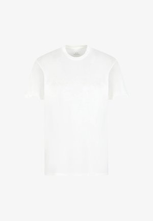 T-shirt bianco in cotone con maniche corte, caratterizzato da un logo "Armani Exchange" in rilievo e tono su tono sul davanti, scollatura rotonda e vestibilità standard.