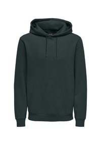 Sudadera con capucha verde oscuro hecha de tela suave, con un gran bolsillo delantero tipo canguro, capucha ajustable con cordón y puños y dobladillo acanalados.