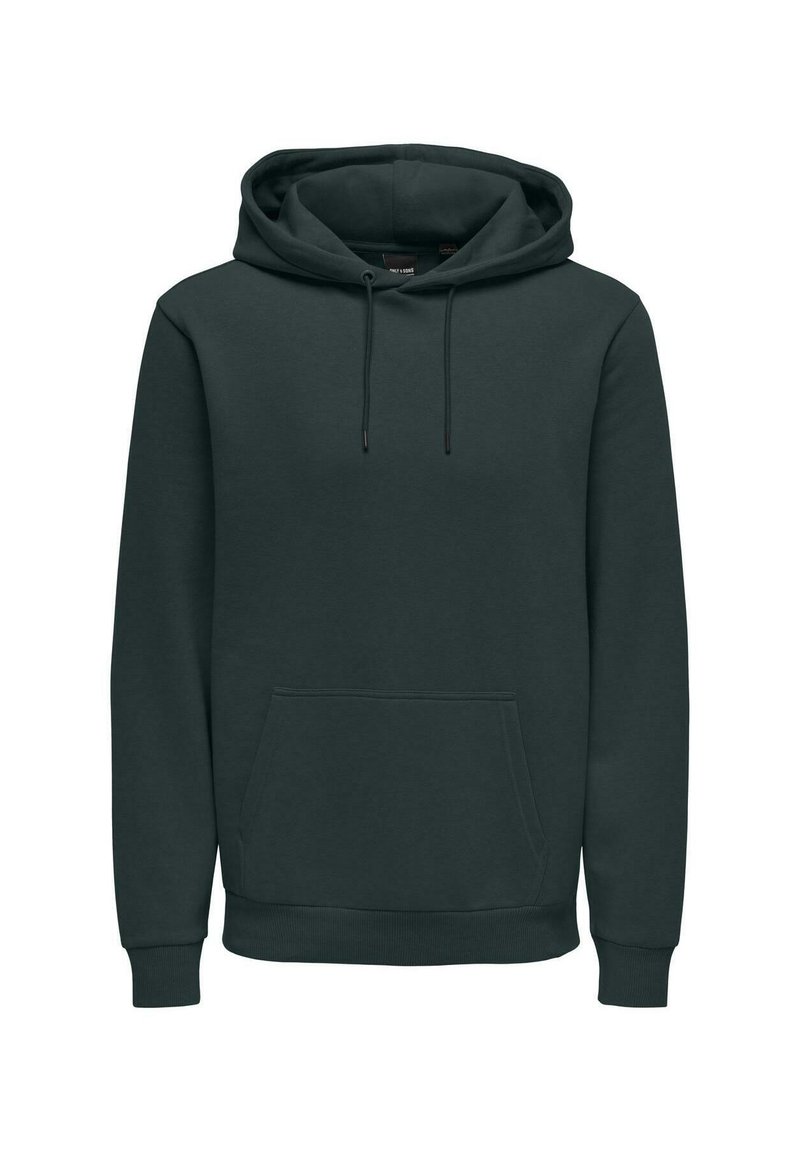 Sudadera con capucha verde oscuro hecha de tela suave, con un gran bolsillo delantero tipo canguro, capucha ajustable con cordón y puños y dobladillo acanalados.