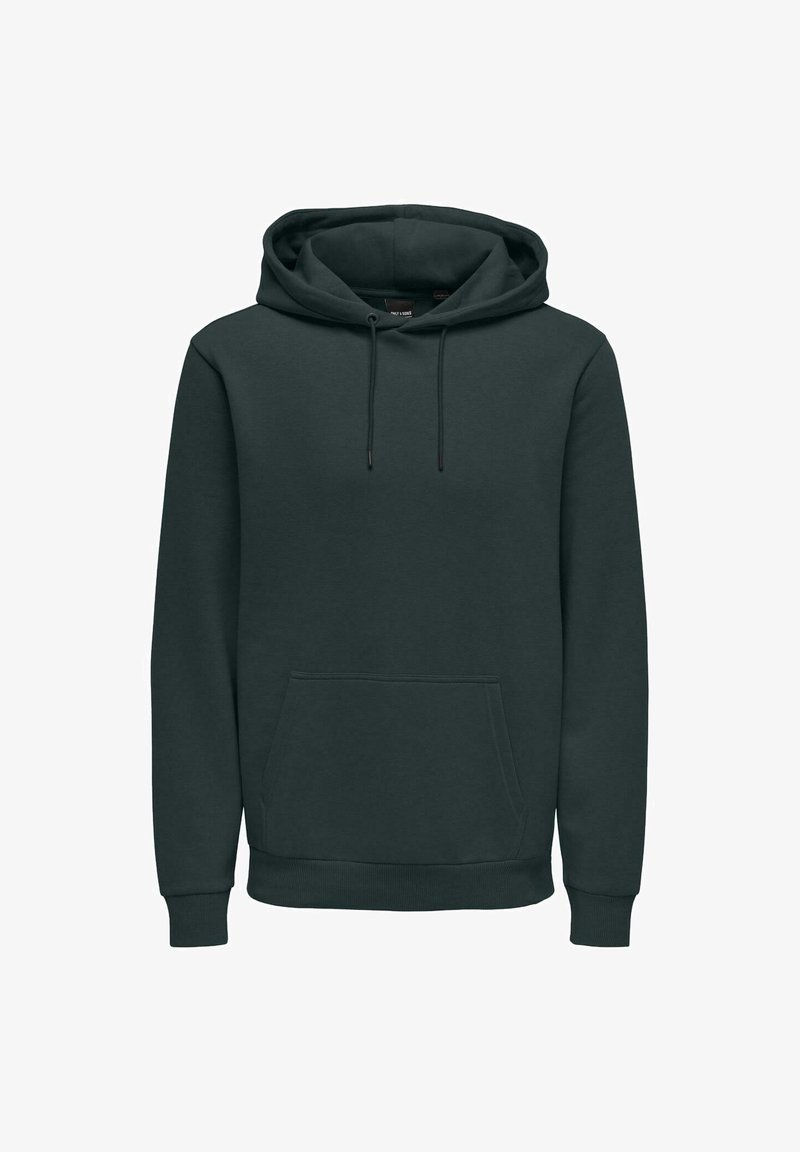 Sudadera con capucha verde oscuro hecha de tela suave, con un gran bolsillo delantero tipo canguro, capucha ajustable con cordón y puños y dobladillo acanalados.