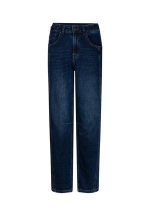 Mørkeblå jeans med lige ben, forlommer og bæltestropper, vist mod en hvid baggrund.