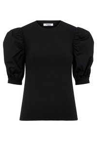 Černé tričko s krátkými nabíranými rukávy, kulatým výstřihem a hladkým bavlněným materiálem. Minimalistický design, vypasované v pase.