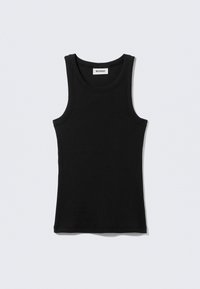 Débardeur noir en coton, avec un col rond et des bretelles étroites. Design simple, sans motifs ni accents visibles.