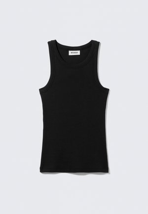 Black tank top made of cotton, featuring a round neckline and narrow straps. Simple design, no patterns or accents visible.