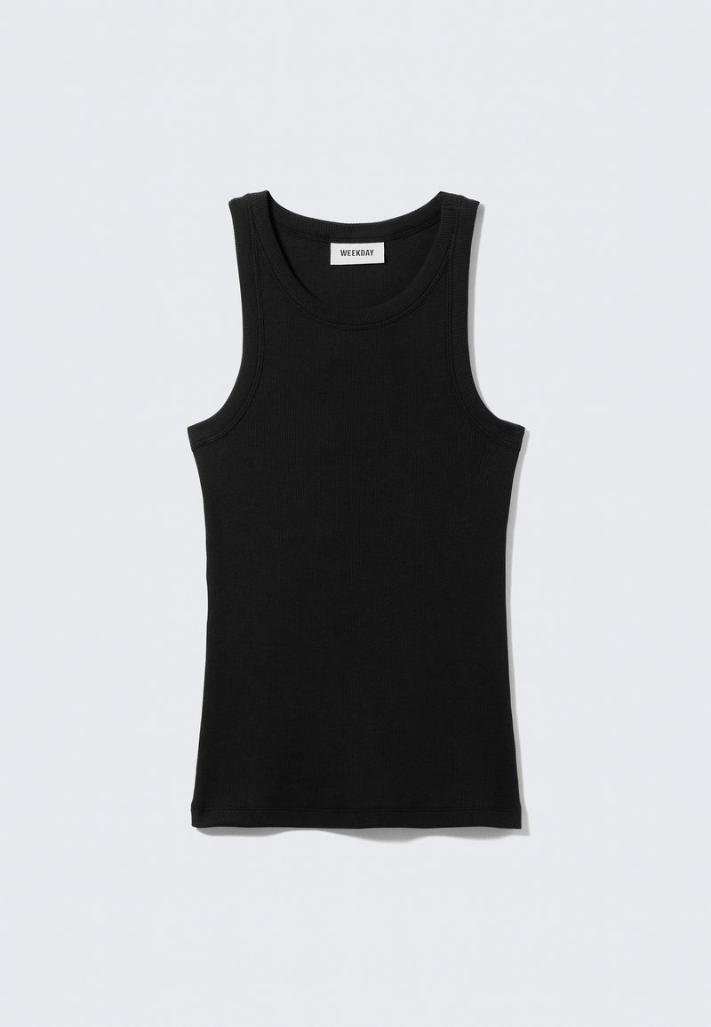 Débardeur noir en coton, avec un col rond et des bretelles étroites. Design simple, sans motifs ni accents visibles.