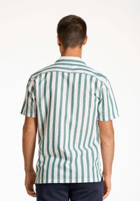 Lyhythihainen paita, jossa on vihreät ja valkoiset pystyrayat, valmistettu kevyestä kankaasta, varustettu tavallisella kauluksella ja suoralla helmallä.