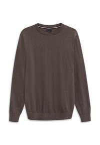 Braunfarbenes Sweatshirt mit Rundhalsausschnitt und langen Ärmeln, gerippte Bündchen und Saum, aus weichem Stoff gefertigt. Mit einem kleinen Logo auf der Brust.