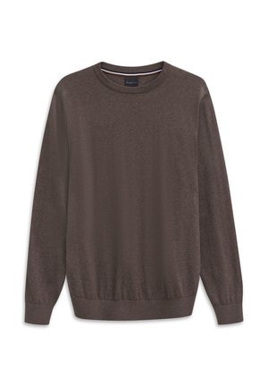 Brown crew-neck sweatshirt with long sleeves, ribbed cuffs and hem, made from soft fabric. Features a small logo on the chest.