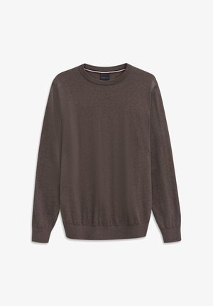 Brown crew-neck sweatshirt with long sleeves, ribbed cuffs and hem, made from soft fabric. Features a small logo on the chest.