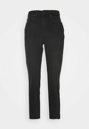 Jeans negri din denim, cu croială slim, talie înaltă, design tradițional cu cinci buzunare și textură subtilă. Lungime până la gleznă, cu accente minime de metal.