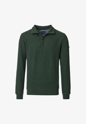 Groene gebreide pullover met een halve ritssluiting bij de kraag. Ribbelstructuur, lange mouwen en een geruit patroon aan de binnenkant van de kraag. Duurzaam materiaal.