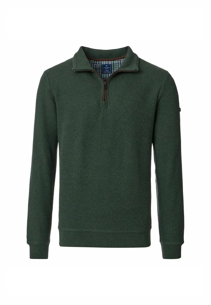 Grüner Strickpullover mit einem halbseitigen Reißverschlusskragen. Rippstruktur, lange Ärmel und ein kariertes Muster innen am Kragen. Strapazierfähiges Material.