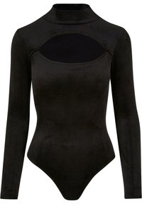 Black long-sleeve bodysuit with a mock neck, featuring a cut-out detail on the chest. Made of smooth, stretchy material.