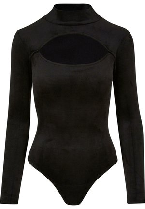 Crni bodysuit dugih rukava s lažnim ovratnikom, s detaljem proreza na prsima. Izrađen od glatkog, rastezljivog materijala.