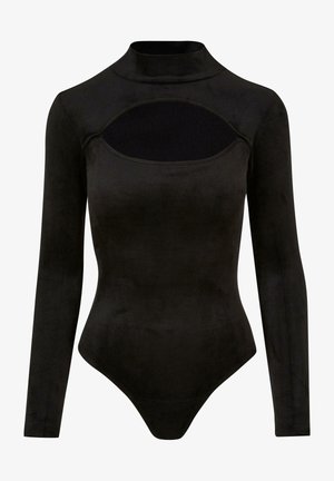 Crni bodysuit dugih rukava s lažnim ovratnikom, s detaljem proreza na prsima. Izrađen od glatkog, rastezljivog materijala.