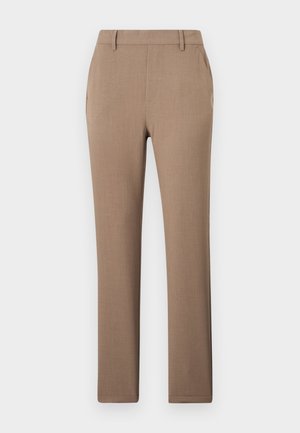 Brown tailored trousers with a straight fit, flat front, and belt loops; made from a smooth fabric with a subtle texture.