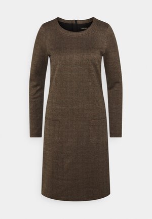 Brown long-sleeve knee-length dress with round neckline and subtle plaid pattern, featuring a back zipper closure.