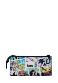 Trousse à crayons sur le thème de Barbie avec une fermeture éclair, présentant un design coloré de style bande dessinée, un fond pastel et des illustrations de personnages emblématiques.