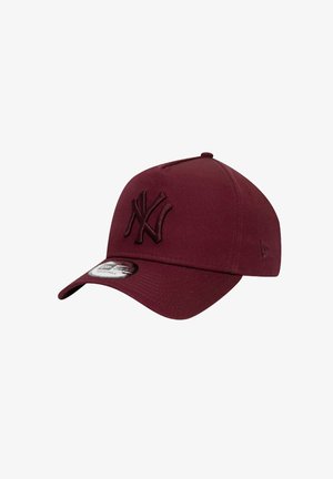 Maroon baseball cap with embroidered logo, curved visor, six-panel design, and eyelet details for ventilation. Made from fabric material.