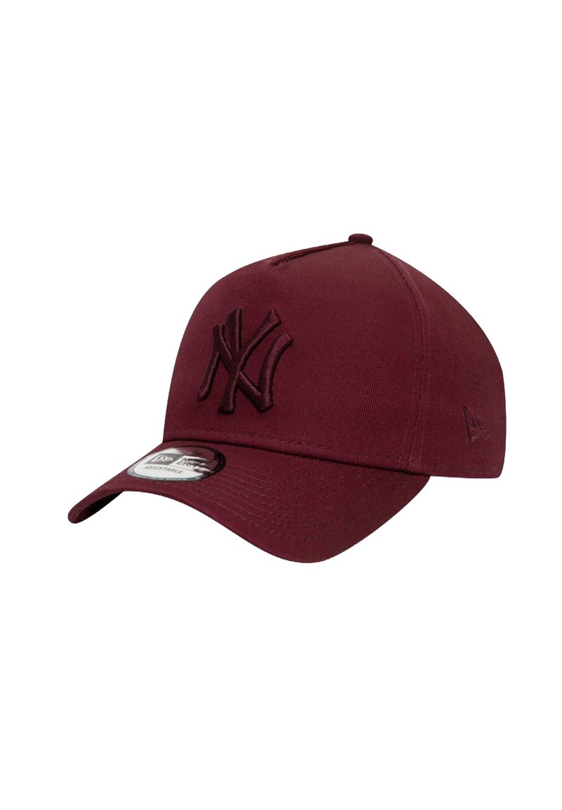 Maroon baseball cap with embroidered logo, curved visor, six-panel design, and eyelet details for ventilation. Made from fabric material.