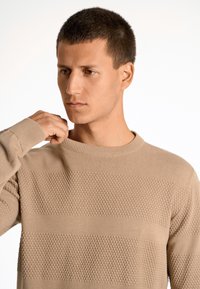 Maglione in beige lavorato a maglia, caratterizzato da un motivo testurizzato con forme di diamante in rilievo e strisce orizzontali lisce. Girocollo e polsini aderenti.