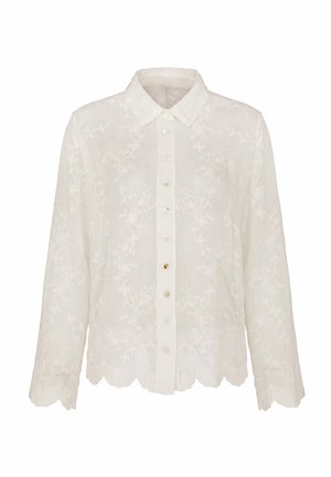 Weiße Bluse mit langen Ärmeln und Knopfleiste, floral bestickt mit gewellten Kanten an Ärmeln und Saum, mit klassischem Kragen.