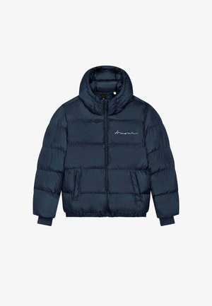 Donkerblauwe gewatteerde jas met capuchon, rits aan de voorkant, twee zakken, geribbelde boorden en "Amour" geborduurd op de linkerborst.