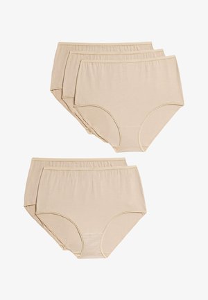 Set di lingerie beige in cotone a vita alta, caratterizzato da una texture liscia, una cintura elastica e un design semplice senza fantasie o decorazioni.