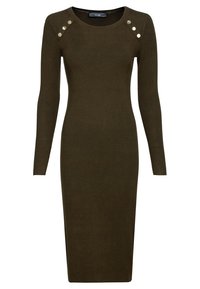 Olivo-grön ribbad stickad klänning med långa ärmar, rund halsringning och gyllene tryckknappar på axlarna. Figursydd silhuett.