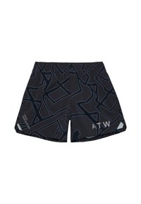 Čierne šortky s geometrickým tmavým vzorom. Ľahká tkanina, elastický pás a bočné rozparky pre lepšiu pohyblivosť. Obsahujú detail "ATW".