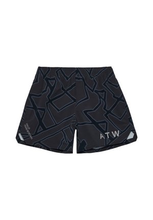 Mustat shortsit, joissa on geometrinen tumma kuvio. Kevyt kangas, joustava vyötärö ja sivuhalkiot liikkuvuuden lisäämiseksi. Sisältää "ATW"-yksityiskohdan.