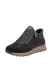 Baskets de sport noires avec une tige en tissu texturé, des accents en cuir, un détail de fermeture éclair métallique et une semelle en caoutchouc beige. Dispose d'un col rembourré.