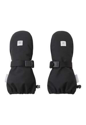Schwarze wasserdichte Handschuhe aus strapazierfähigem Stoff, mit elastischen Bündchen, verstellbaren Riemen und einem Logopatch auf der Vorderseite.