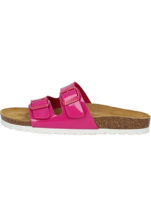 Pink patent sandals with two adjustable buckle straps, cork footbed, and a white rubber sole. The design features a wide, open-toe style.