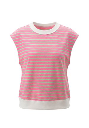 Haut rose sans manches avec fines rayures horizontales vertes, col côtelé blanc et ourlet côtelé blanc.