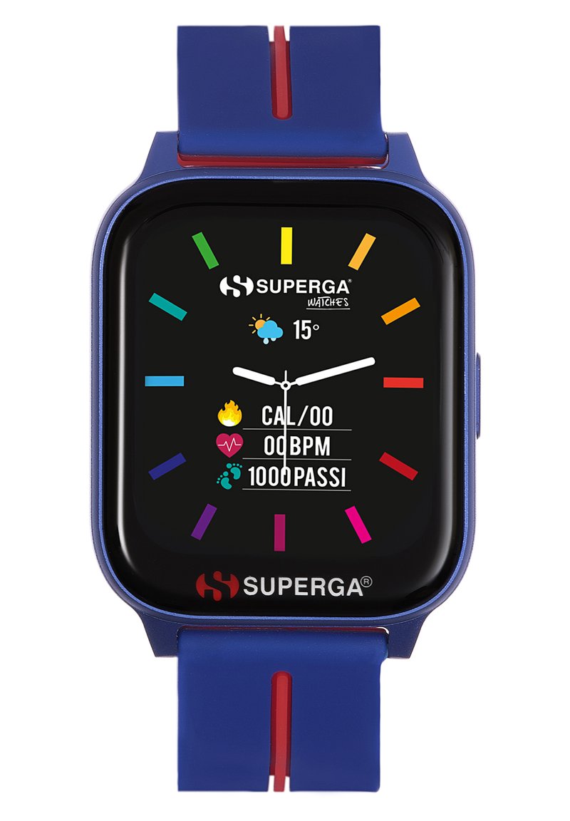 Vierkante smartwatch met een blauwe siliconen band. Zwarte wijzerplaat toont meerkleurige uurmarkeringen en iconen voor weer, calorieën, hartslag en stappen.