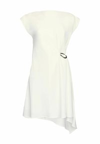 Abito mini bianco con maniche a cappuccio, orlo asimmetrico, dettaglio arricciato in vita con un accento circolare nero. Realizzato in tessuto leggero.
