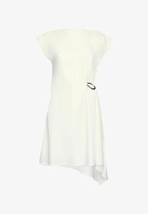 Abito mini bianco con maniche a cappuccio, orlo asimmetrico, dettaglio arricciato in vita con un accento circolare nero. Realizzato in tessuto leggero.